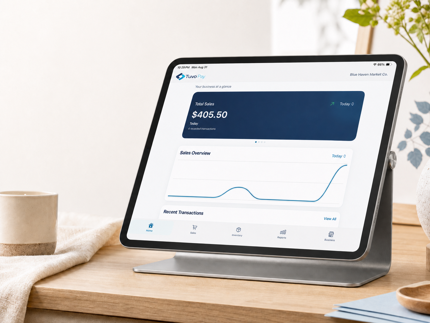 Tuvo Pay dashboard shown on a countertop tablet